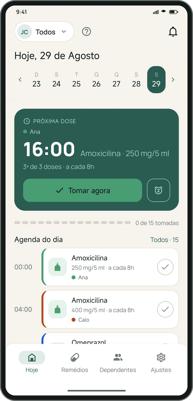 Tela “Hoje” do app Meu Cuidado, com a lista de lembretes de remédios do dia