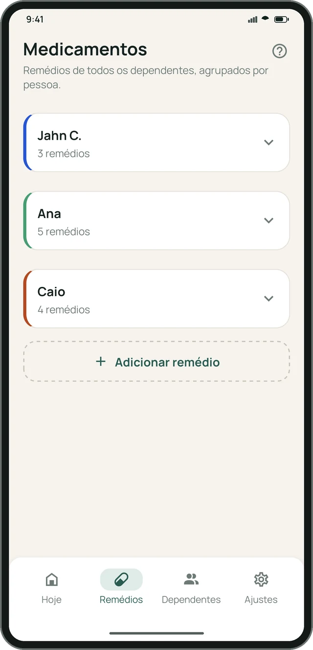 Tela “Remédios” do app Meu Cuidado, com a lista completa de medicamentos cadastrados