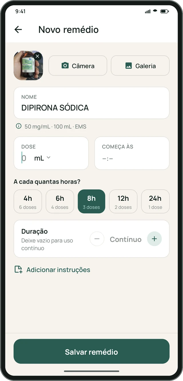 Formulário de novo remédio do app Meu Cuidado preenchido automaticamente após escanear o rótulo