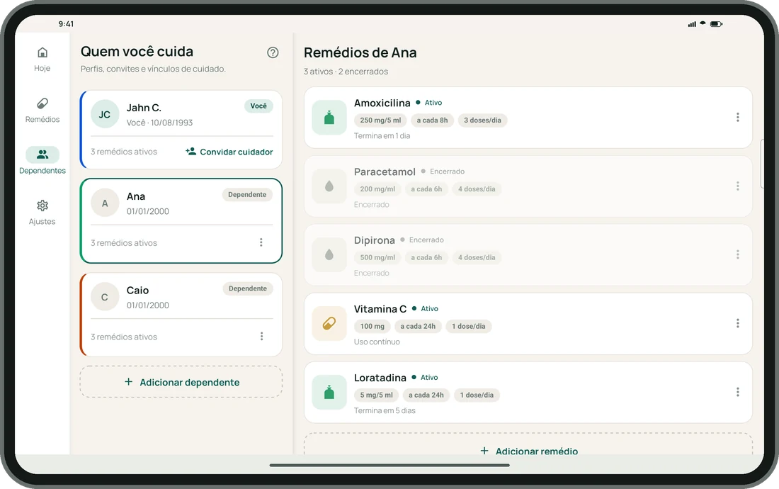 App Meu Cuidado no tablet: lista de dependentes à esquerda e os remédios da pessoa selecionada à direita
